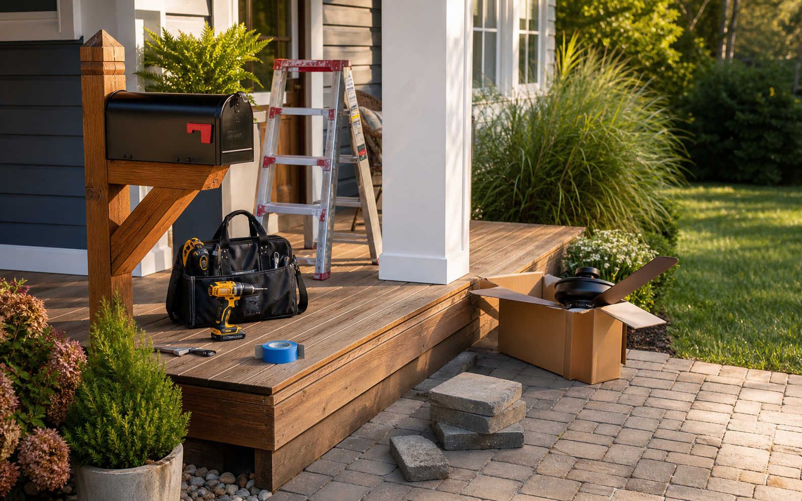 Porch repair materials with a ladder, drill, mailbox post, pavers, and painter's tape